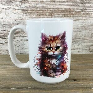 Cat Wrapped In Colorful String Lights White 15 Oz Ceramic Mug